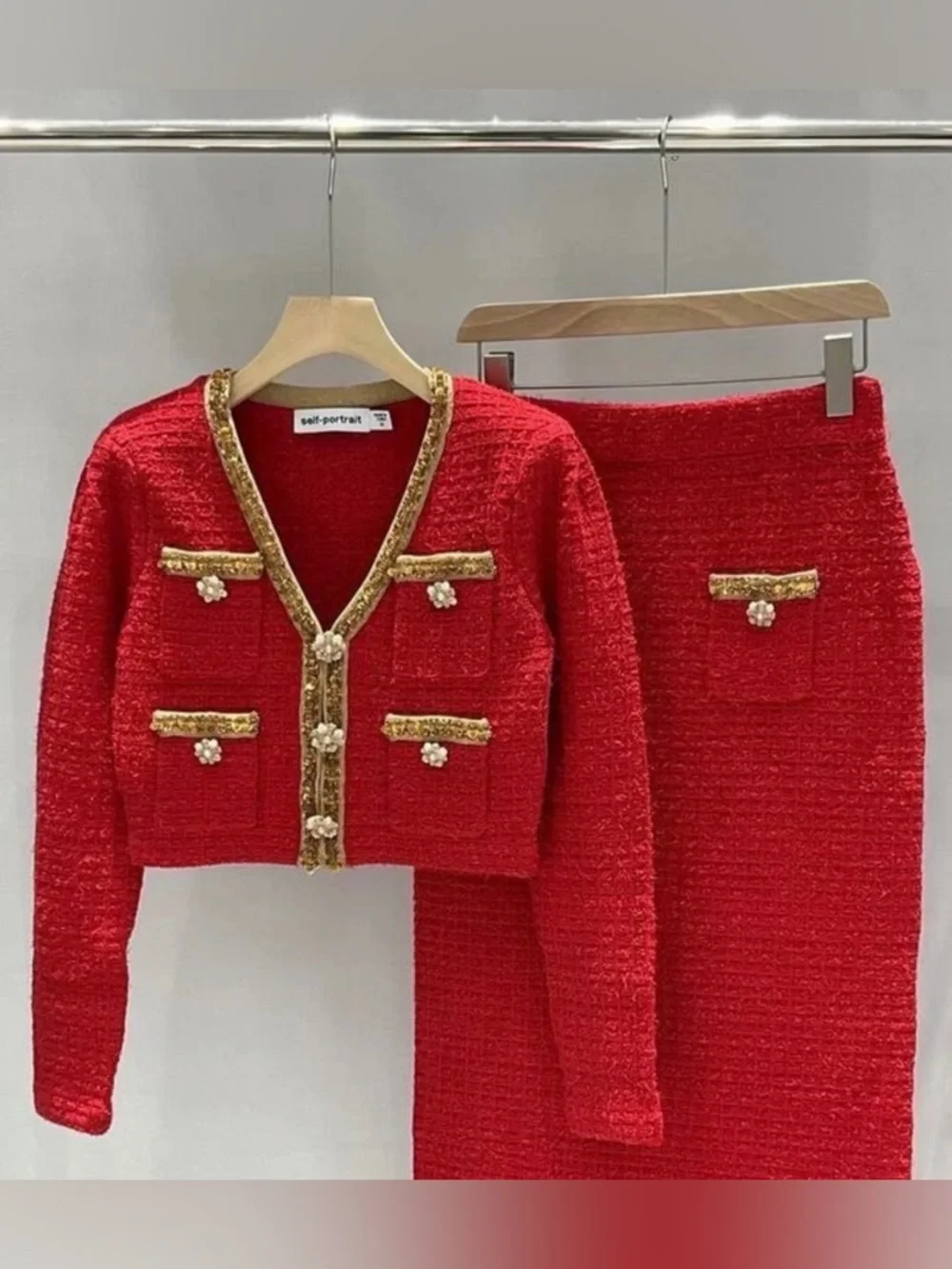 New Self portrait Red Tweed Two-Piece Skirt Set with Gold Trim size S - Picture 3 of 15